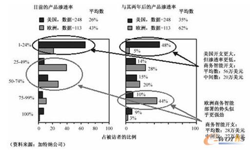 图3 美国和欧洲的商务智能的渗透率