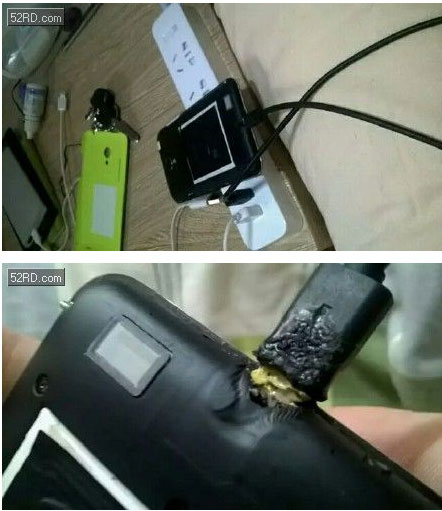 第二天醒来就发现数据线与手机接口部分完全烧毁了,溶化的数据线粘在